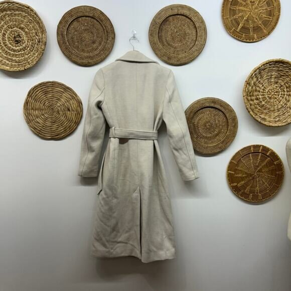 H&M Neutral Beige Tie Belt Long Mid Midi Winter Coat XS Minimalist Preppy - Picture 3 of 7